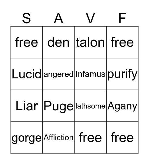 Vocabulary Bingo Card