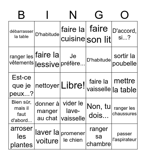 French 2 Unit 2 Vocabulary 1 (BD1Ch8.1) J. Bowers Bingo Card