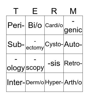 Medical Termonology Bingo Card