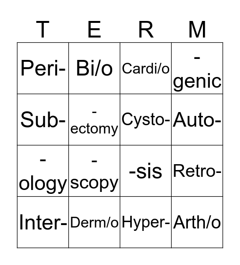 Medical Termonology Bingo Card