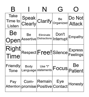 Healthy Communication Bingo Card