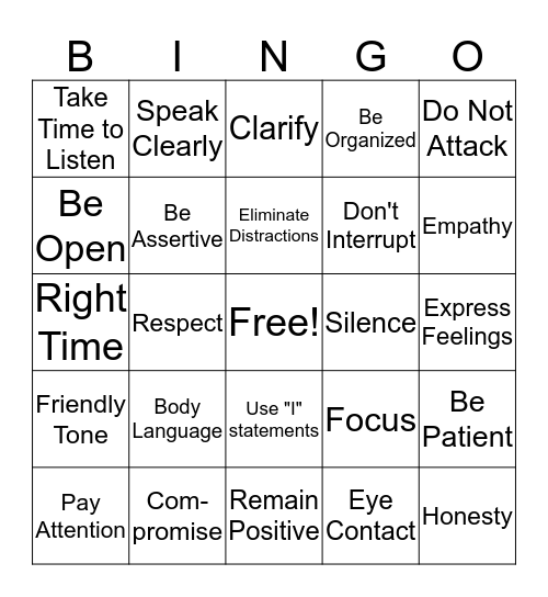 Healthy Communication Bingo Card