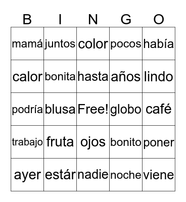 2nd Grade Spanish 1 High Frequency Words BINGO Card