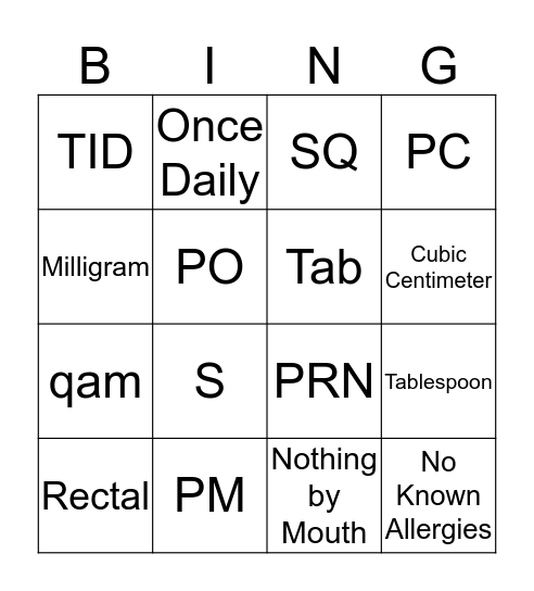 Pharmacy Bingo Card