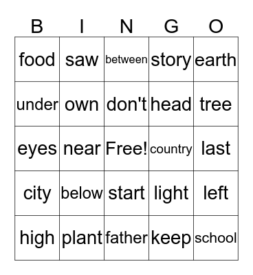 2nd Grade English 1 High Frequency Words BINGO Card