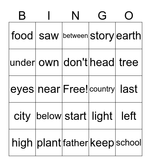 2nd Grade English 1 High Frequency Words BINGO Card