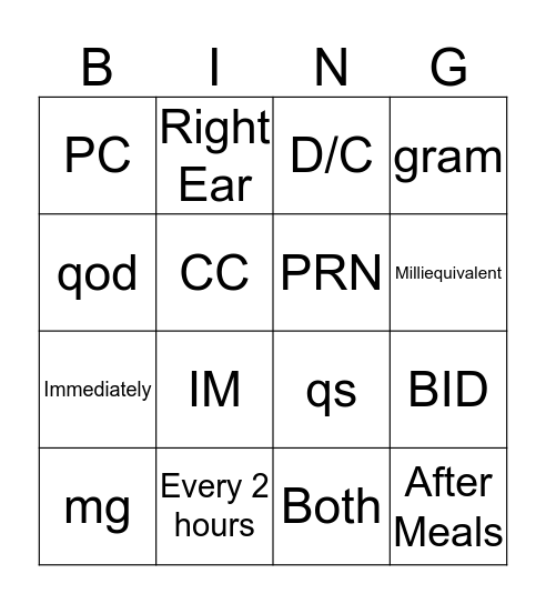 Pharmacy Bingo Card