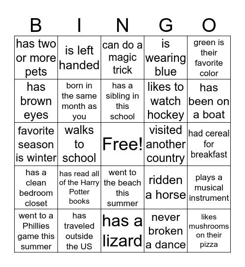 Get To Know Your Classmates Bingo Card