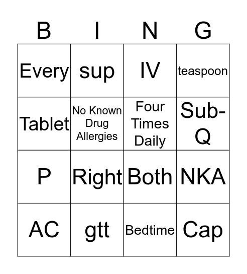 Pharmacy Bingo Card