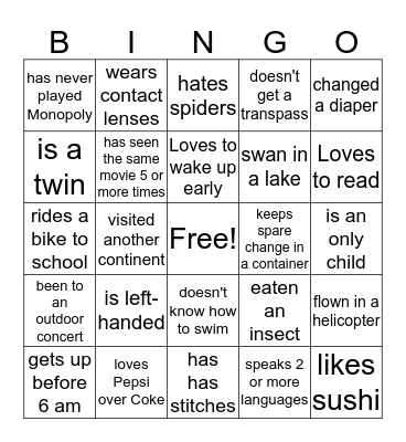 Get To Know Your Classmates Bingo Card
