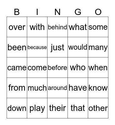 Sight Words Bingo Card