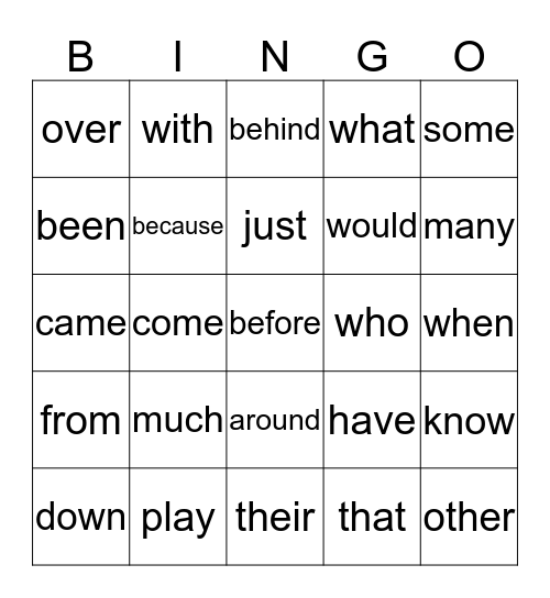 Sight Words Bingo Card