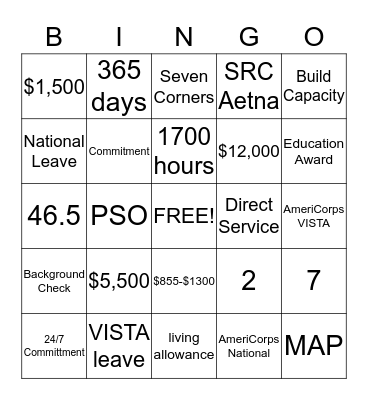 AmeriCorps Bingo Card