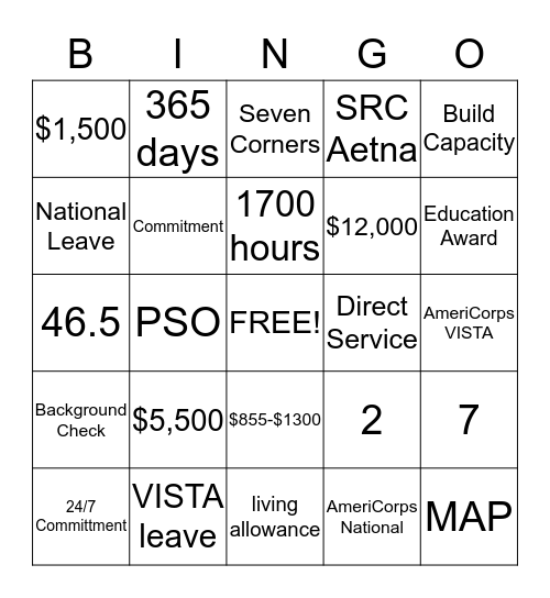AmeriCorps Bingo Card