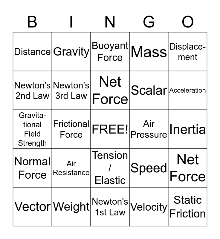 Force and Motion Bingo Card