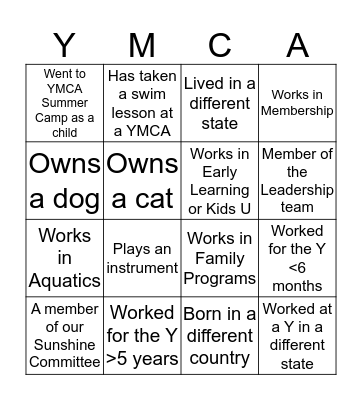 Dale Turner Family YMCA All Staff Bingo Card