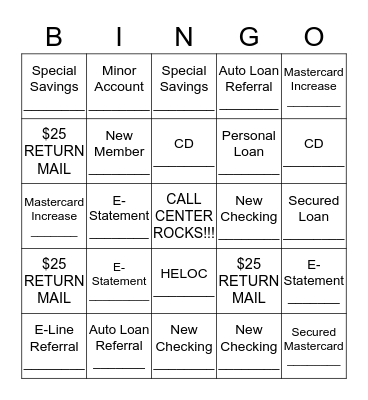 CALL CENTER BINGO  Bingo Card