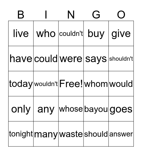 Irreg Word Kit 4a Bingo Card