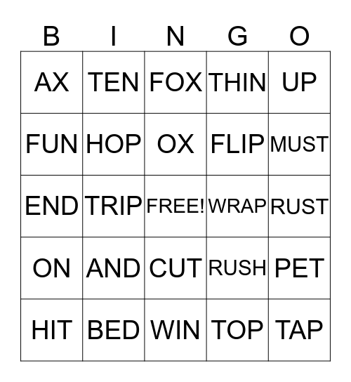 SHORT VOWEL BINGO Card