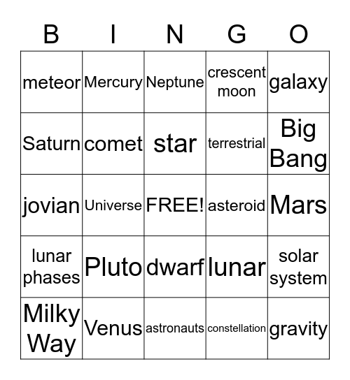 PLANETS Bingo Card