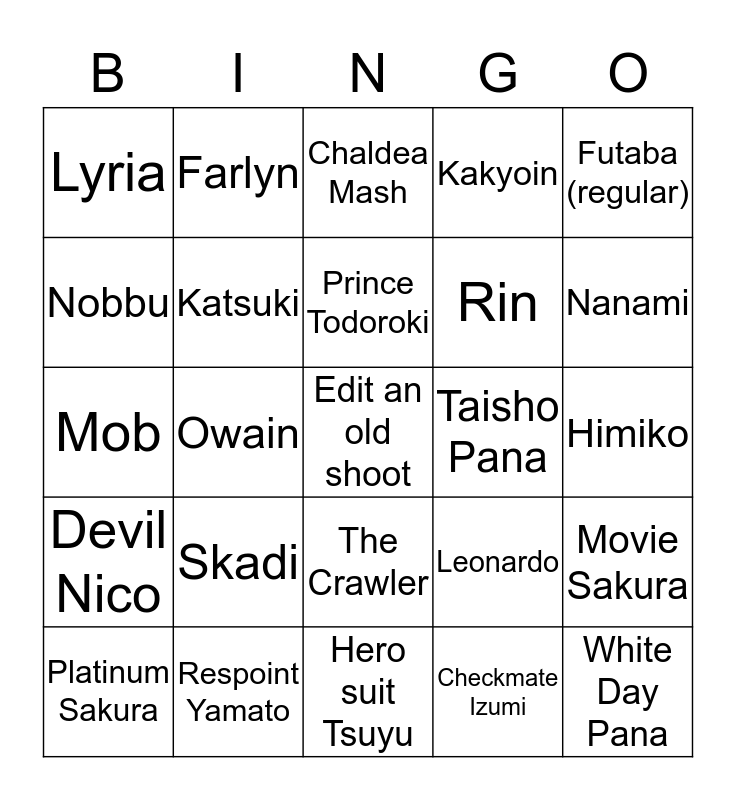 2020 Cosplay Bingo Card