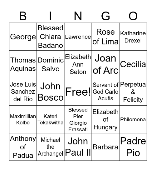 Saint Bingo Card