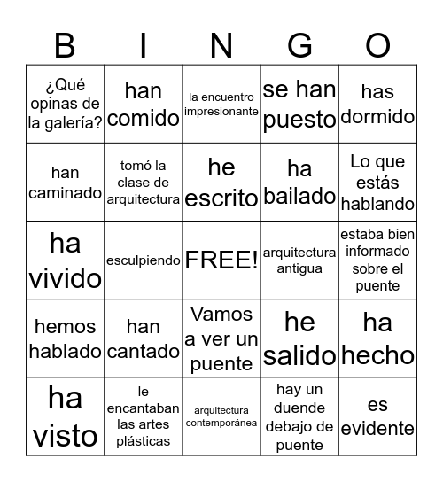 Spanish 3B lessons 1A and Present Perfect Bingo Card