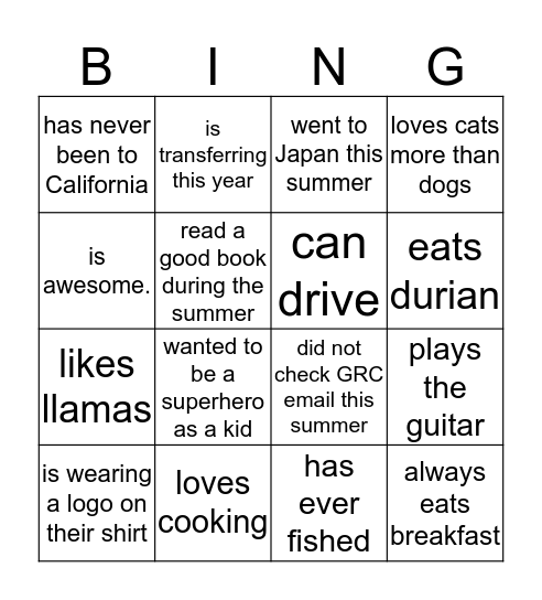 BINGO! Find someone who... Bingo Card