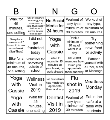 Tonka Wellness Bingo Card