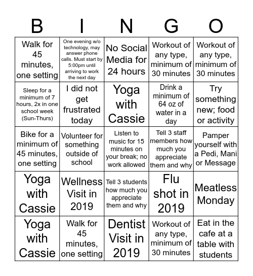 Tonka Wellness Bingo Card
