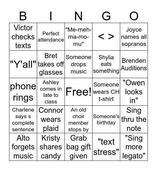 DVC CHAMBER SINGERS Bingo Card