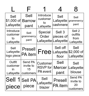 Lafayette PA Bingo Card