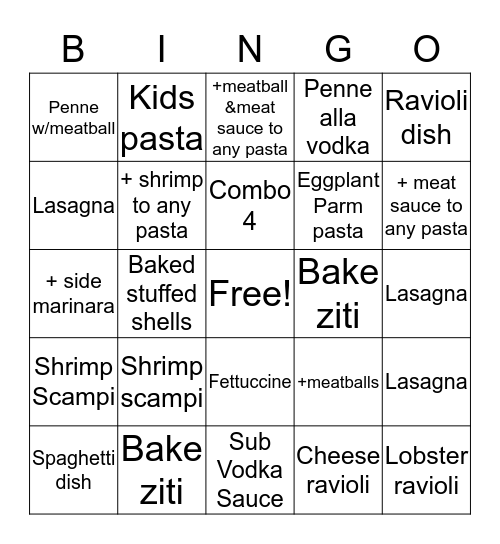 Pasta Bingo Card