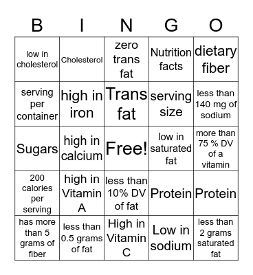 Food Label Bingo Card