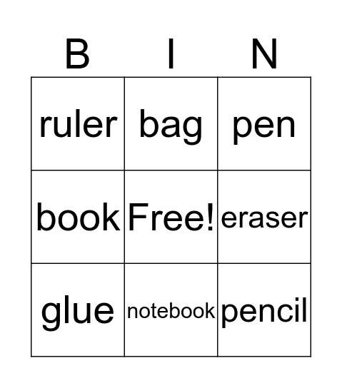 school supplies Bingo Card