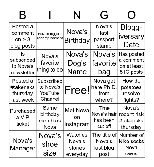 NOVINGO Bingo Card