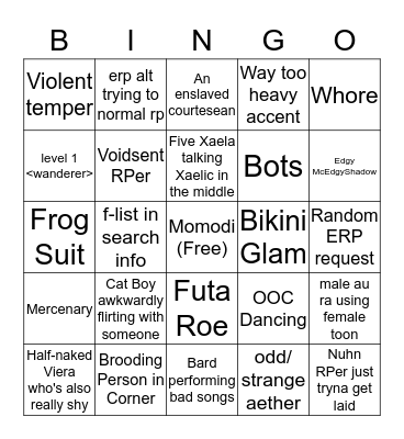 Quicksand RP Bingo Card