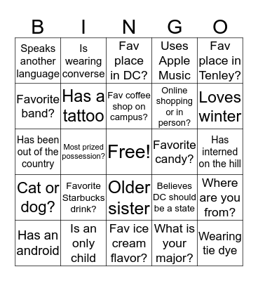 Get to know you BINGO!!! Bingo Card