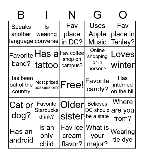 Get to know you BINGO!!! Bingo Card