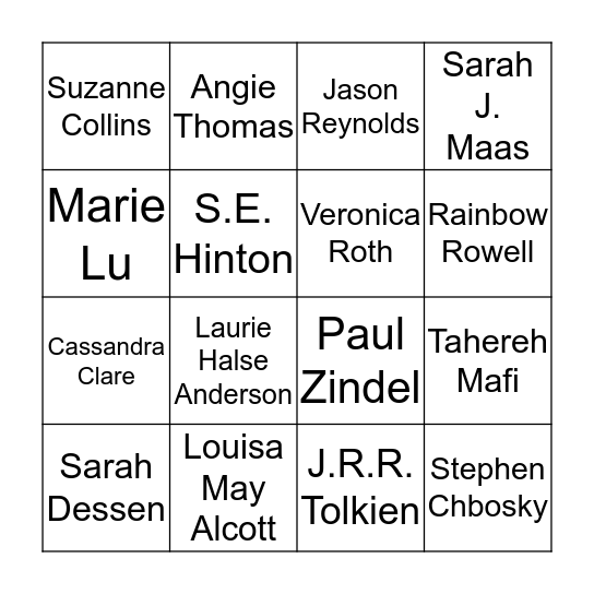 Teen Zone Authors Bingo Card