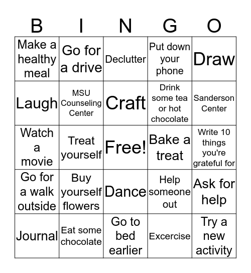 Self Care Bingo Card