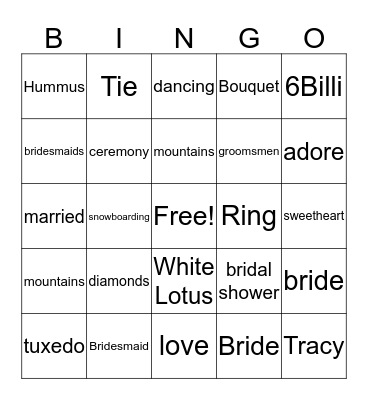 Nisreen's Bridal Shower BINGO Card