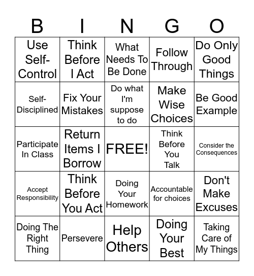 Responsiblity Do's Bingo Card