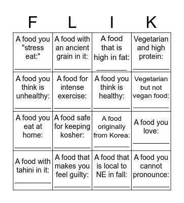 Flik Menu Bingo Card