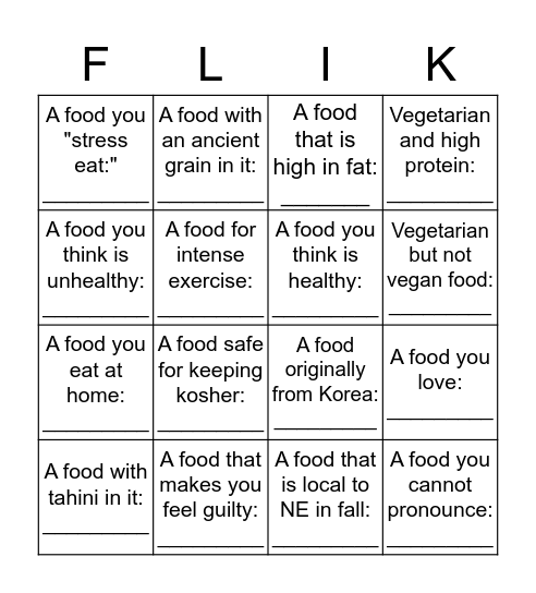 Flik Menu Bingo Card