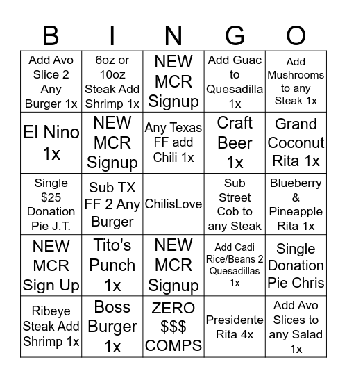 Suggestive Selling 1 BINGO Free Meal / 2 BINGOS WIN GIFT CARD Bingo Card