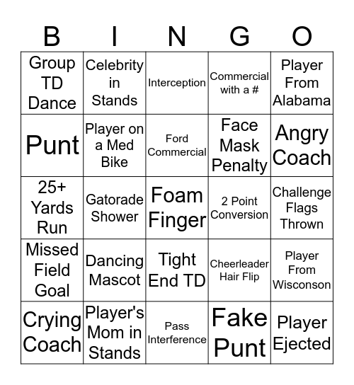 Sept. 23, 2019. 2nd Half. Need to make an X for Bingo! Bingo Card