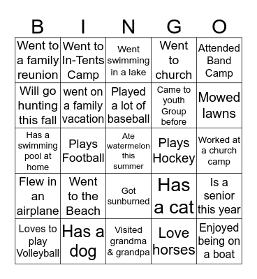 Youth Group Ice Breakers Bingo Card