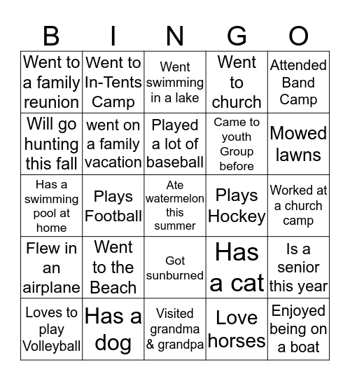 Youth Group Ice Breakers Bingo Card