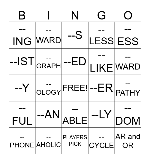 Suffix Bingo Card